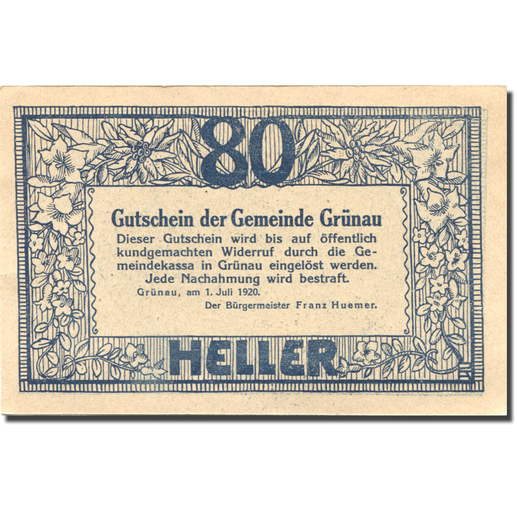 Banconote, Austria, Grünau, 80 Heller, Forêt 1920-07-01, SPL Mehl:FS 300c