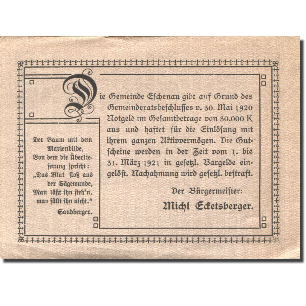 Banconote, Austria, Eschenau, 50 Heller, village 1921-03-31, BB Mehl:FS 187c