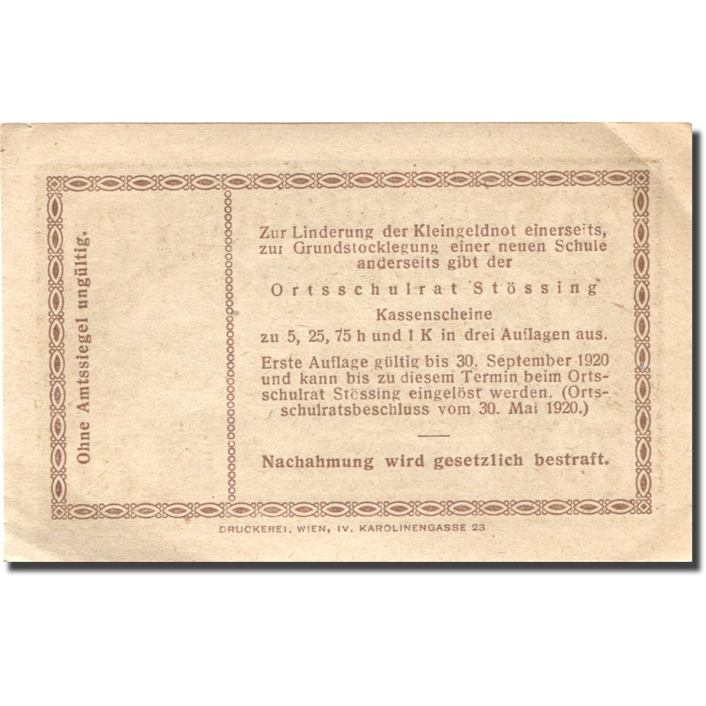 Geldschein, Österreich, Stössing, 75 Heller, village, 1920 UNZ- Mehl:FS 1040