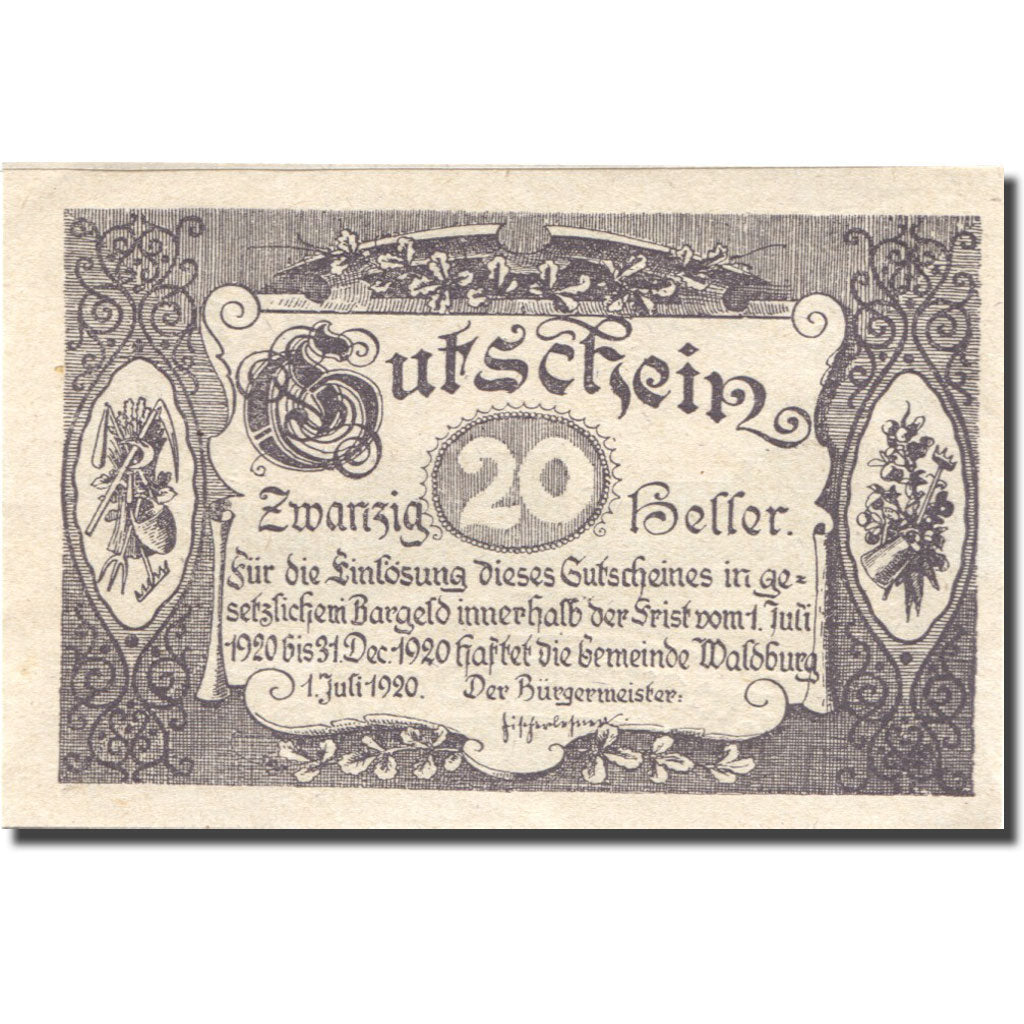 Banconote, Austria, Waldburg, 20 Heller, Eglise, 1920-12-31, SPL Mehl:FS 1130