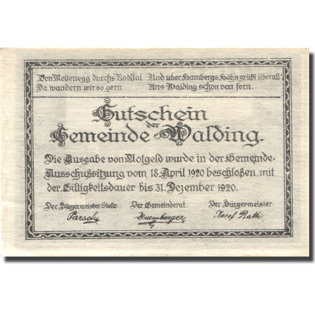 Nota, Áustria, Walding, 50 Heller, village, 1920, AU(55-58) Mehl:FS 1132c