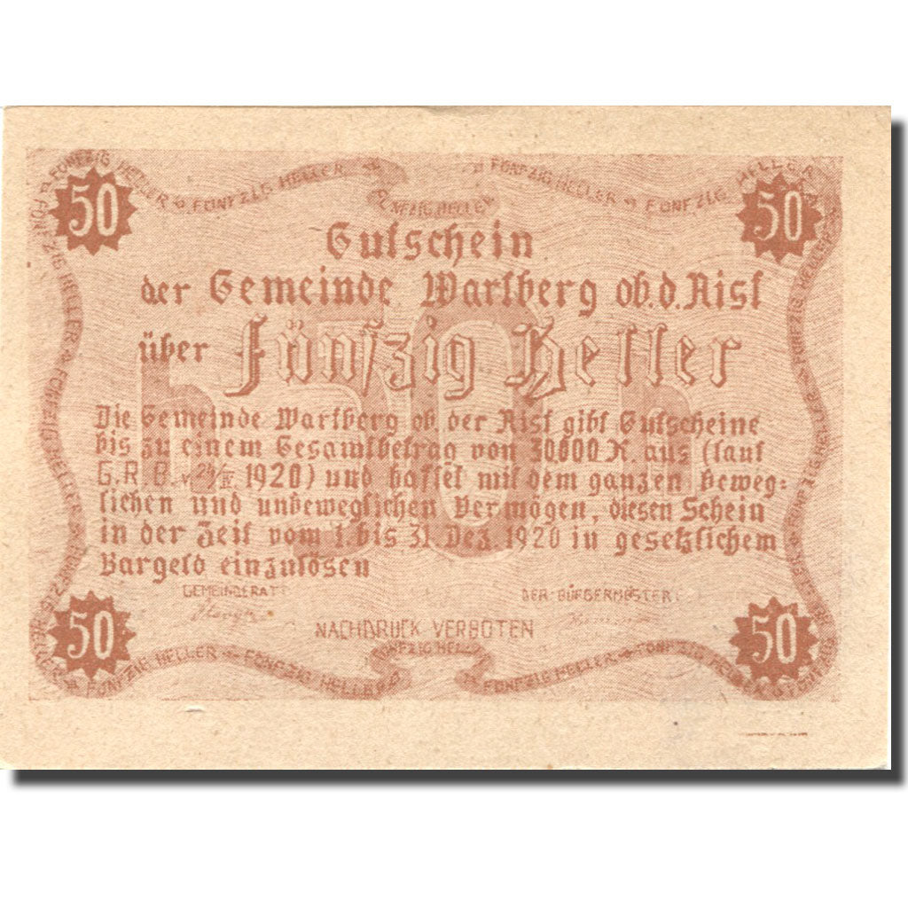 Billet, Autriche, Warlberg, 50 Heller, château 1920-12-31, SPL Mehl:FS 1142a
