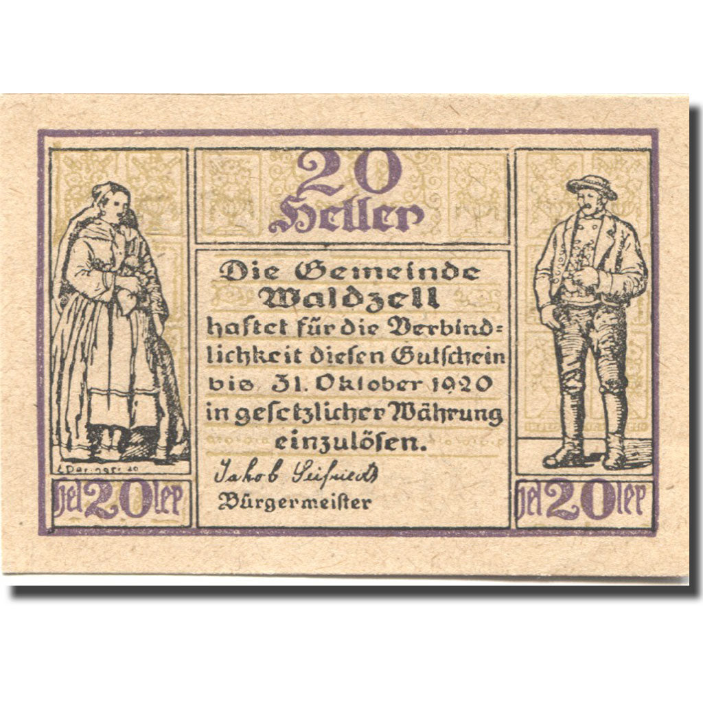 Nota, Áustria, Waldzell, 20 Heller, personnage, 1920 UNC(63) Mehl:FS 1135a