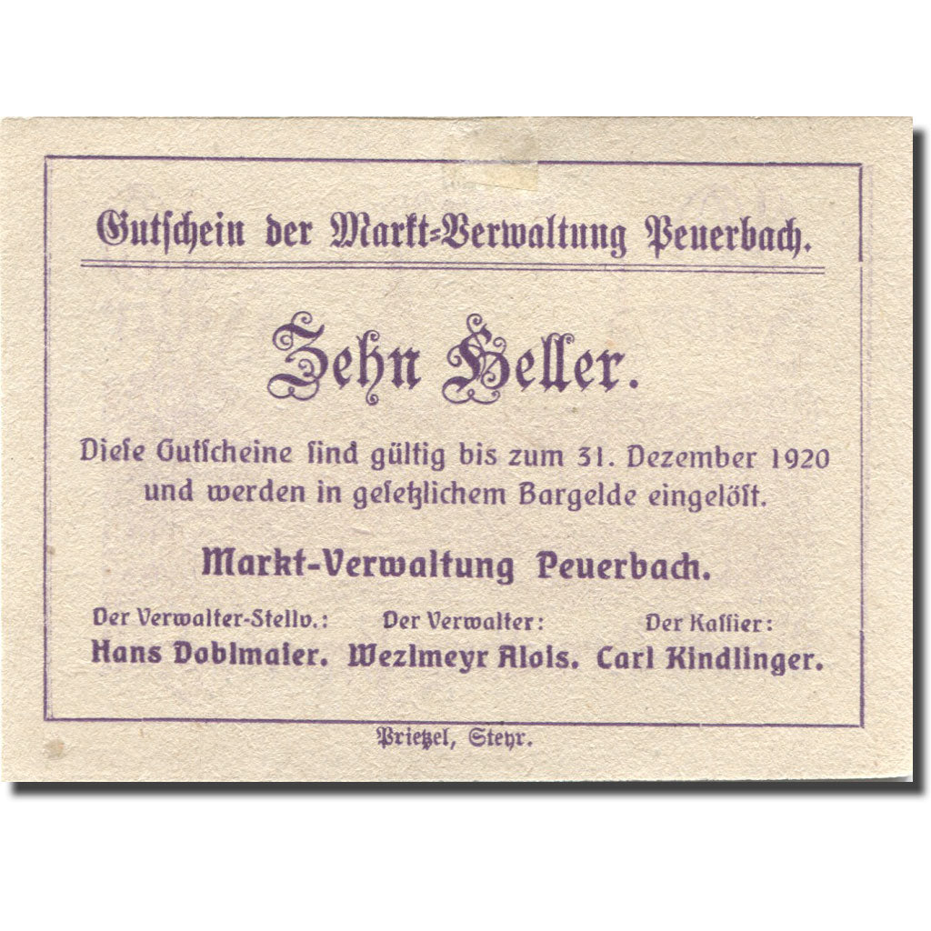 Geldschein, Österreich, Peuerbach, 10 Heller, château, 1920, VZ+ Mehl:FS 742I
