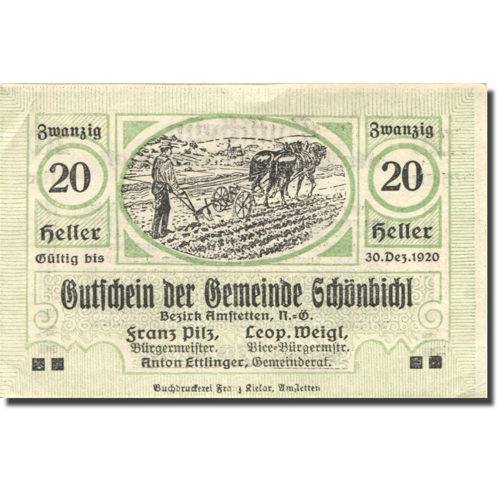 Biljet, Oostenrijk, Schonbichl, 20 Heller, agriculteur, 1920 SUP Mehl:FS969Ib