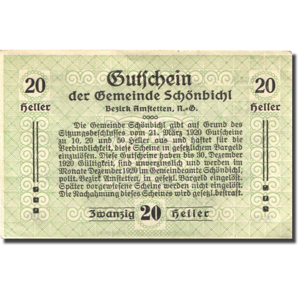 Biljet, Oostenrijk, Schonbichl, 20 Heller, agriculteur, 1920 SUP Mehl:FS969Ib