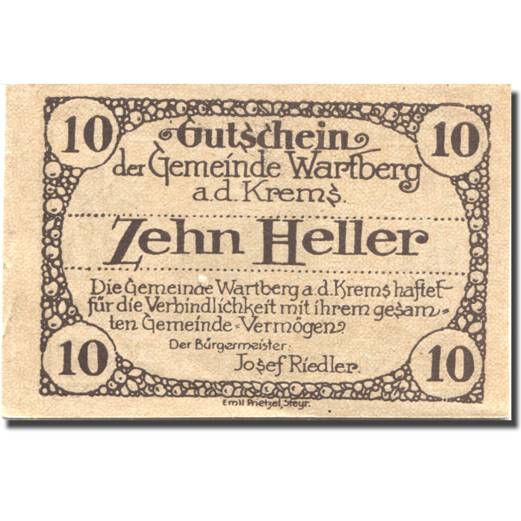 Banknote, Austria, Wartberg, 10 Heller, Eglise, 1921 AU(55-58) Mehl:FS 1141a