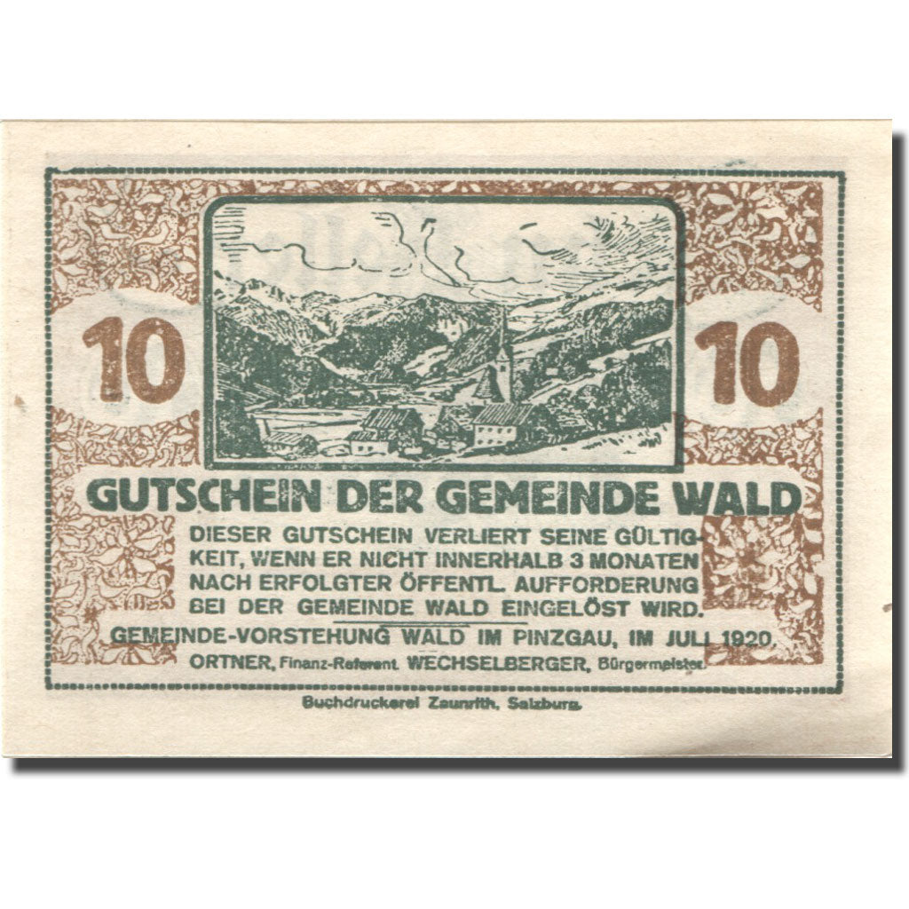 Billet, Autriche, Wald im Pinzgau, 10 Heller 1920, SUP+ Mehl:FS 1129Ia