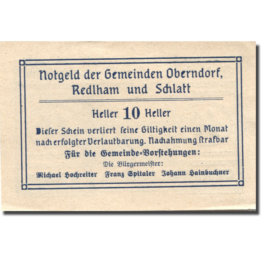 Banconote, Austria, Oberndorf Redlham & Schlatt, 10 Heller SPL Mehl:FS 688b