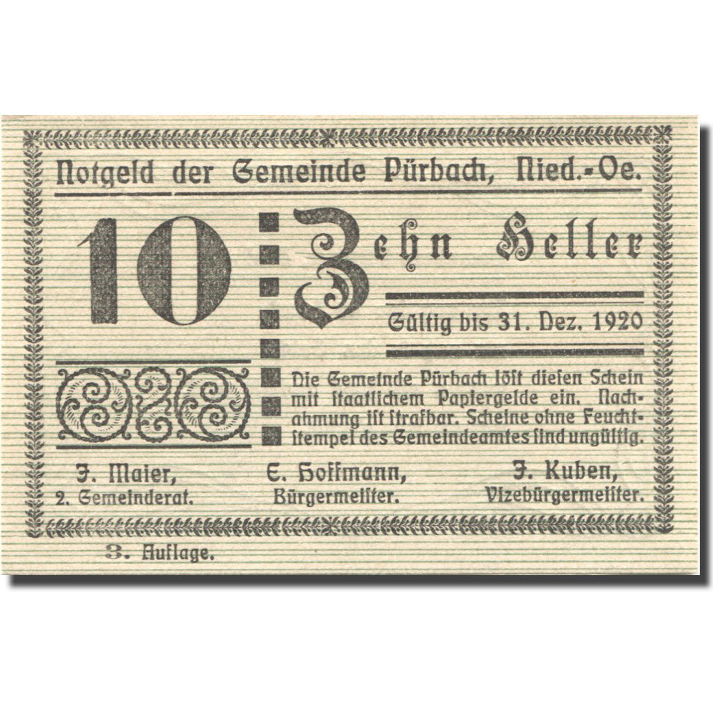 Billet, Autriche, Pürbach, 10 Heller, valeur faciale, 1920 SPL Mehl:FS 793IIIb