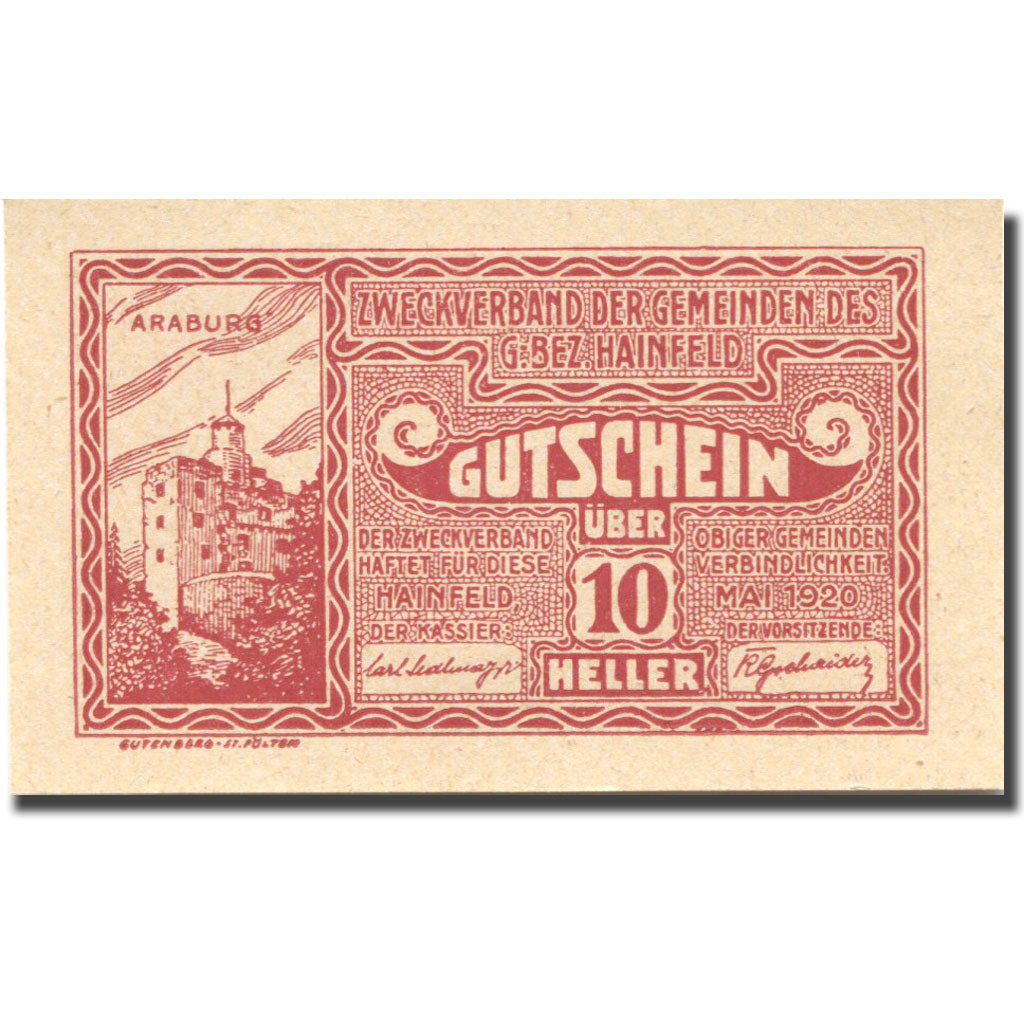 Geldschein, Österreich, Hainfeld, 10 Heller, château, 1920, UNZ-, Mehl:FS 340a