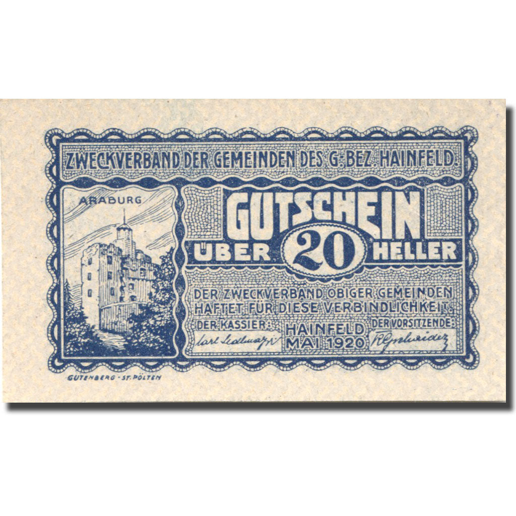 Banconote, Austria, Hainfeld, 20 Heller, château 1, 1920, SPL, Mehl:FS 340a