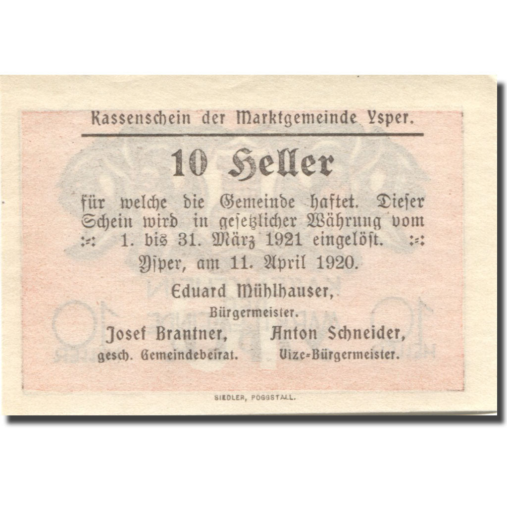 Billet, Autriche, Ysper, 10 Heller, château 1920-03-31, SPL Mehl:FS 1261a