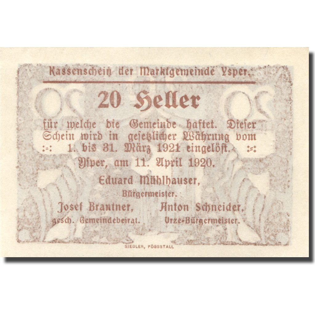 Banconote, Austria, Ysper, 20 Heller, Eglise 1921-03-31, SPL Mehl:FS 1261a