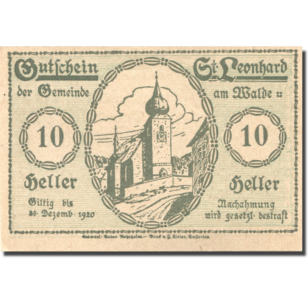 Banconote, Austria, St Leonhard 10 Heller, Eglise, 1920 SPL Mehl:FS 902b