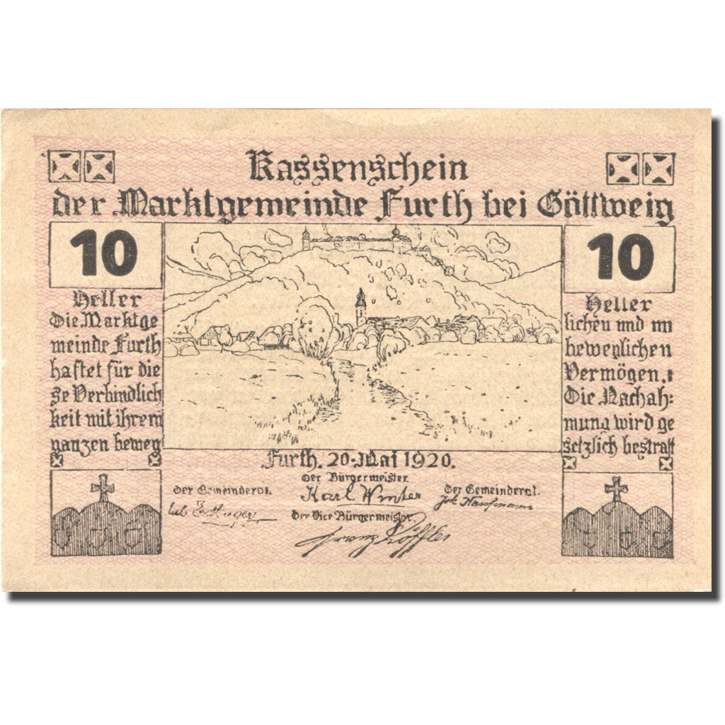 Banconote, Austria, Furth, 10 Heller, paysage 1920-09-30, SPL Mehl:FS 214c