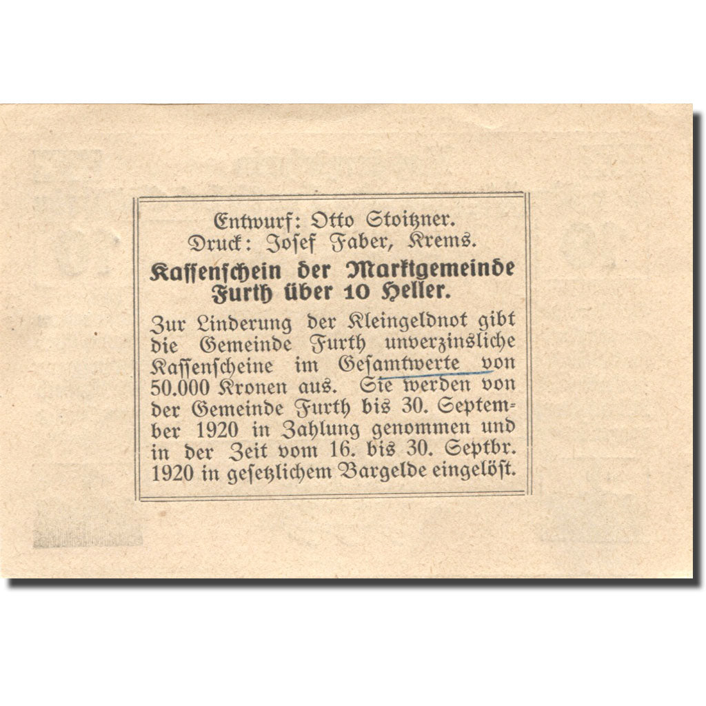 Banconote, Austria, Furth, 10 Heller, paysage 1920-09-30, SPL Mehl:FS 214c