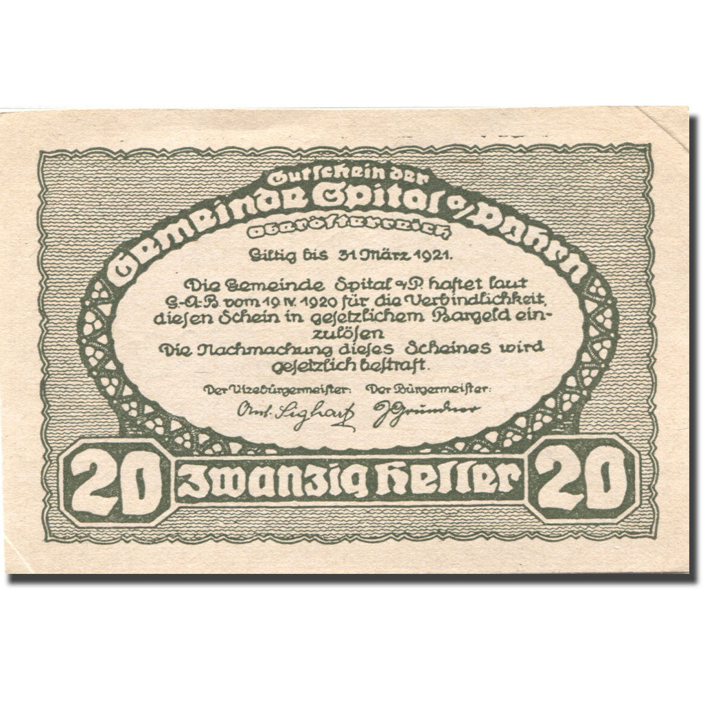 Billet, Autriche, Spital am Pyhrn, 20 Heller, montagne, 1921 SPL Mehl:FS 1007Ia