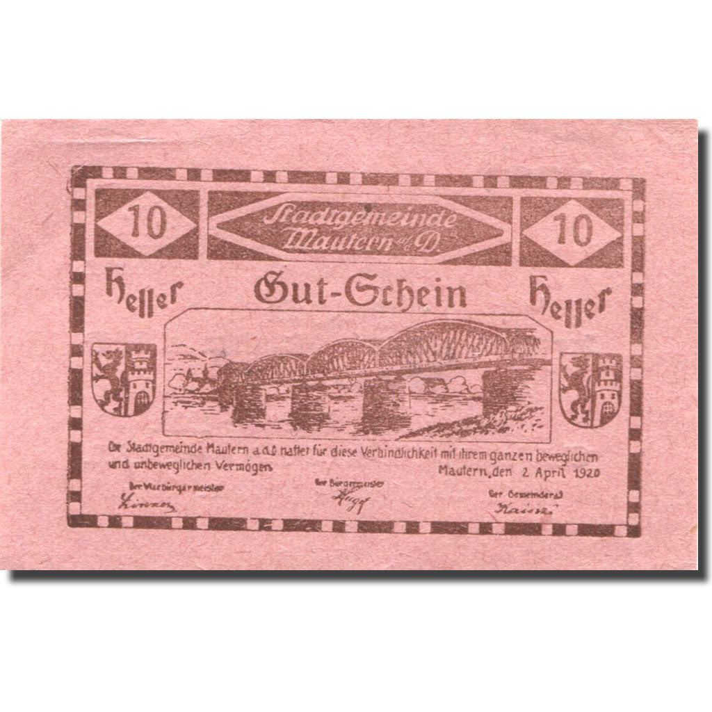 Banconote, Austria, Mautern a/d Donau, 10 Heller, pont, 1920 SPL Mehl:FS 600IIe2