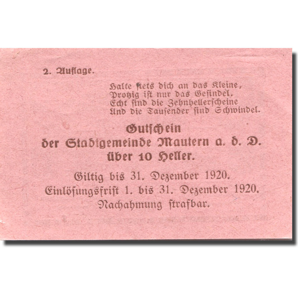 Banconote, Austria, Mautern a/d Donau, 10 Heller, pont, 1920 SPL Mehl:FS 600IIe2
