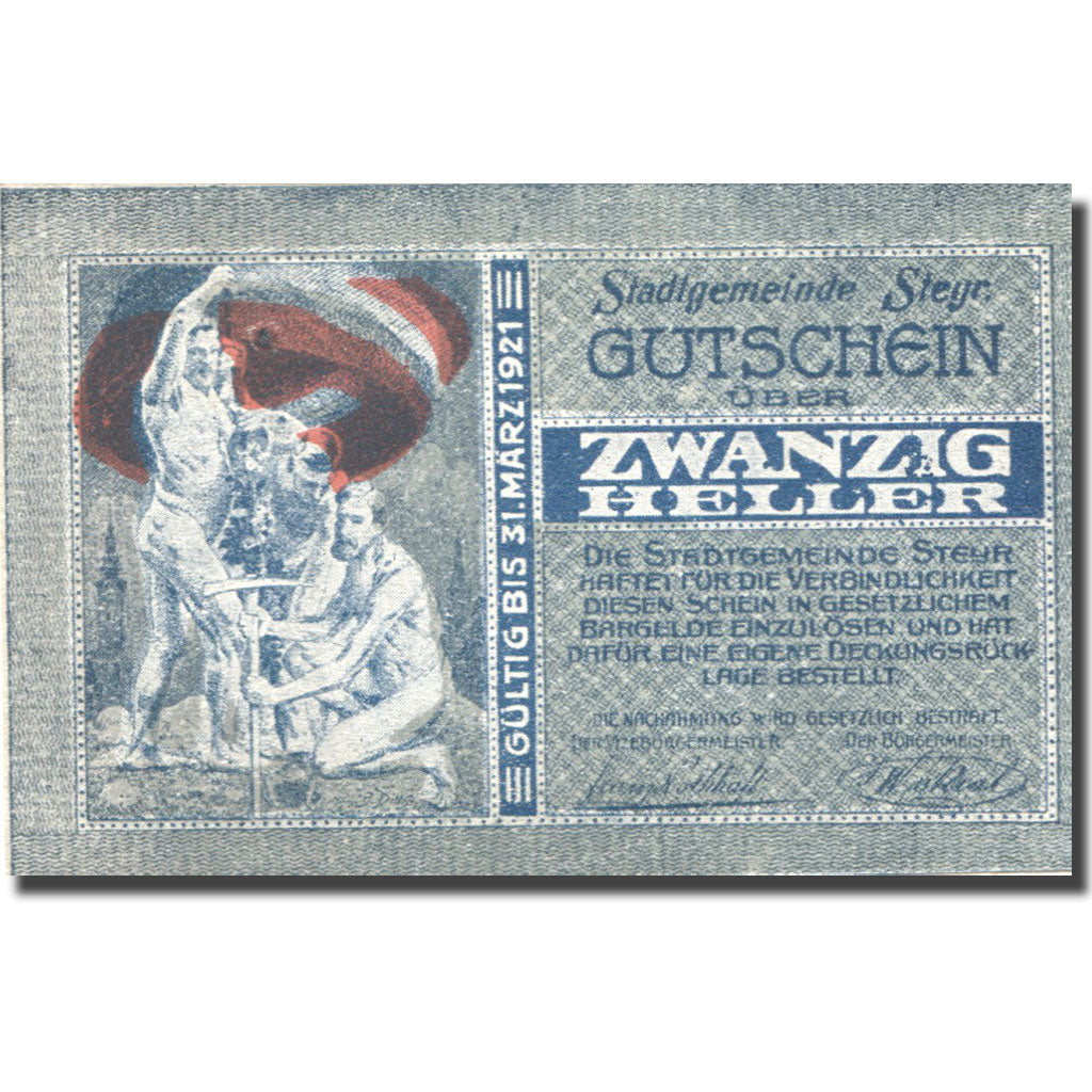 Banconote, Austria, Steyr, 20 Heller, personnage 1921-03-31, SPL Mehl:FS 1034IIc