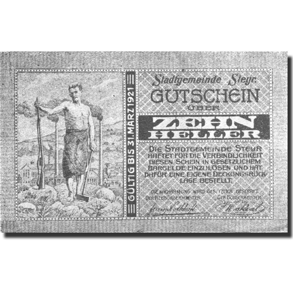 Nota, Áustria, Steyr, 10 Heller, Usine 1921-03-31, UNC(63) Mehl:FS 1034IIb