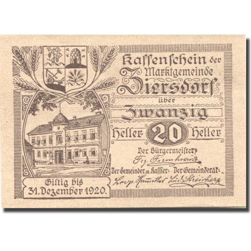 Geldschein, Österreich, Ziersdorf, 20 Heller, Blason, 1920 UNZ- Mehl:FS 1276a