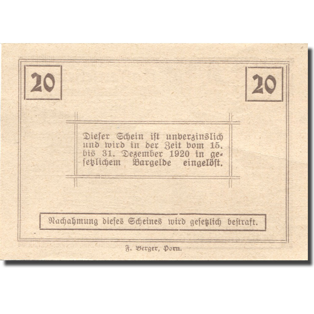 Geldschein, Österreich, Ziersdorf, 20 Heller, Blason, 1920 UNZ- Mehl:FS 1276a