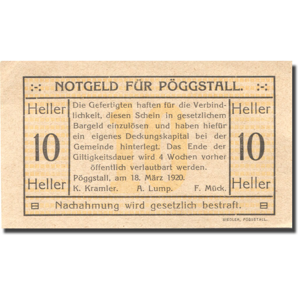 Banconote, Austria, Pöggstall, 10 Heller, valeur faciale, 1920 SPL Mehl:FS 756Ia