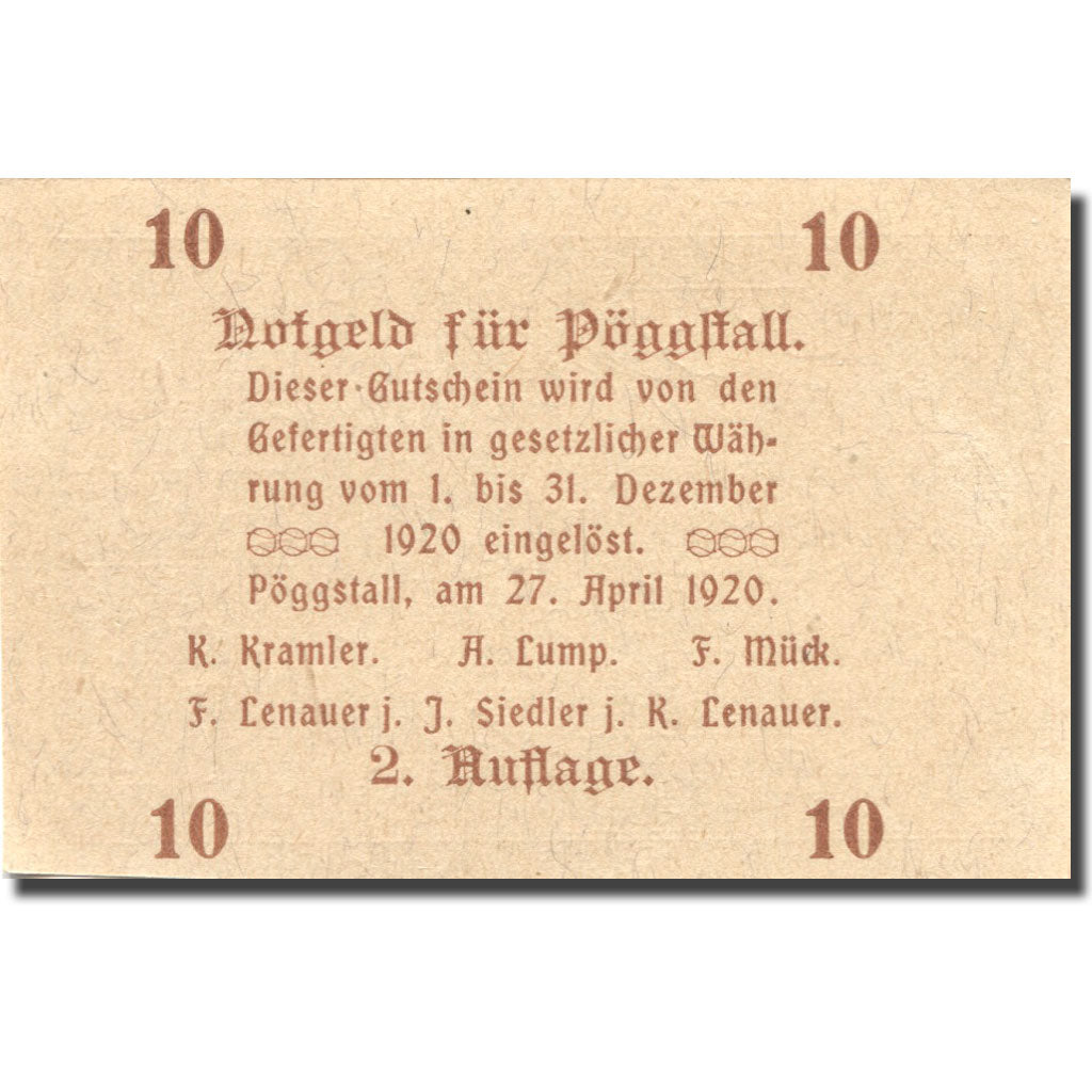 Billet, Autriche, Pöggstall, 10 Heller, village 1920-12-31, SPL Mehl:FS 756IIa