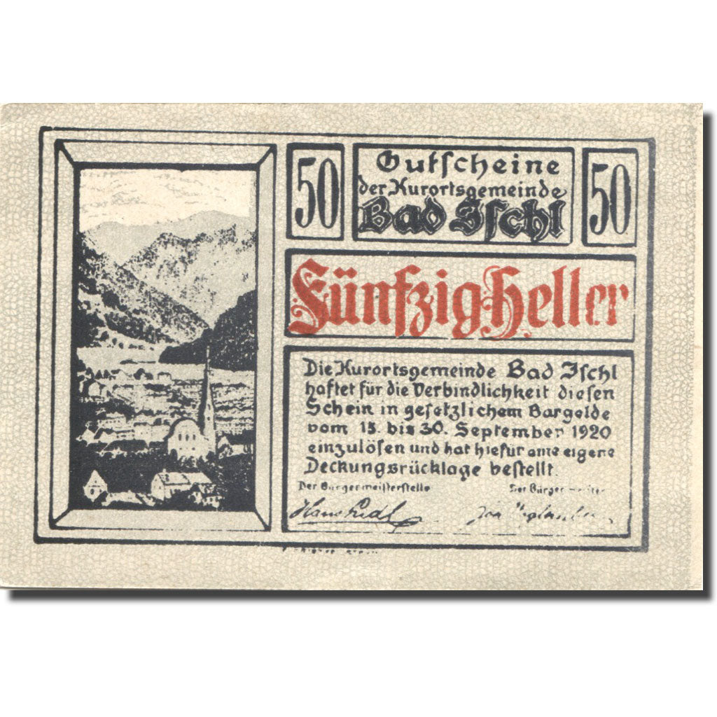 Banconote, Austria, Bad Ischl, 50 Heller, montagne, 1920, SPL Mehl:FS 77c