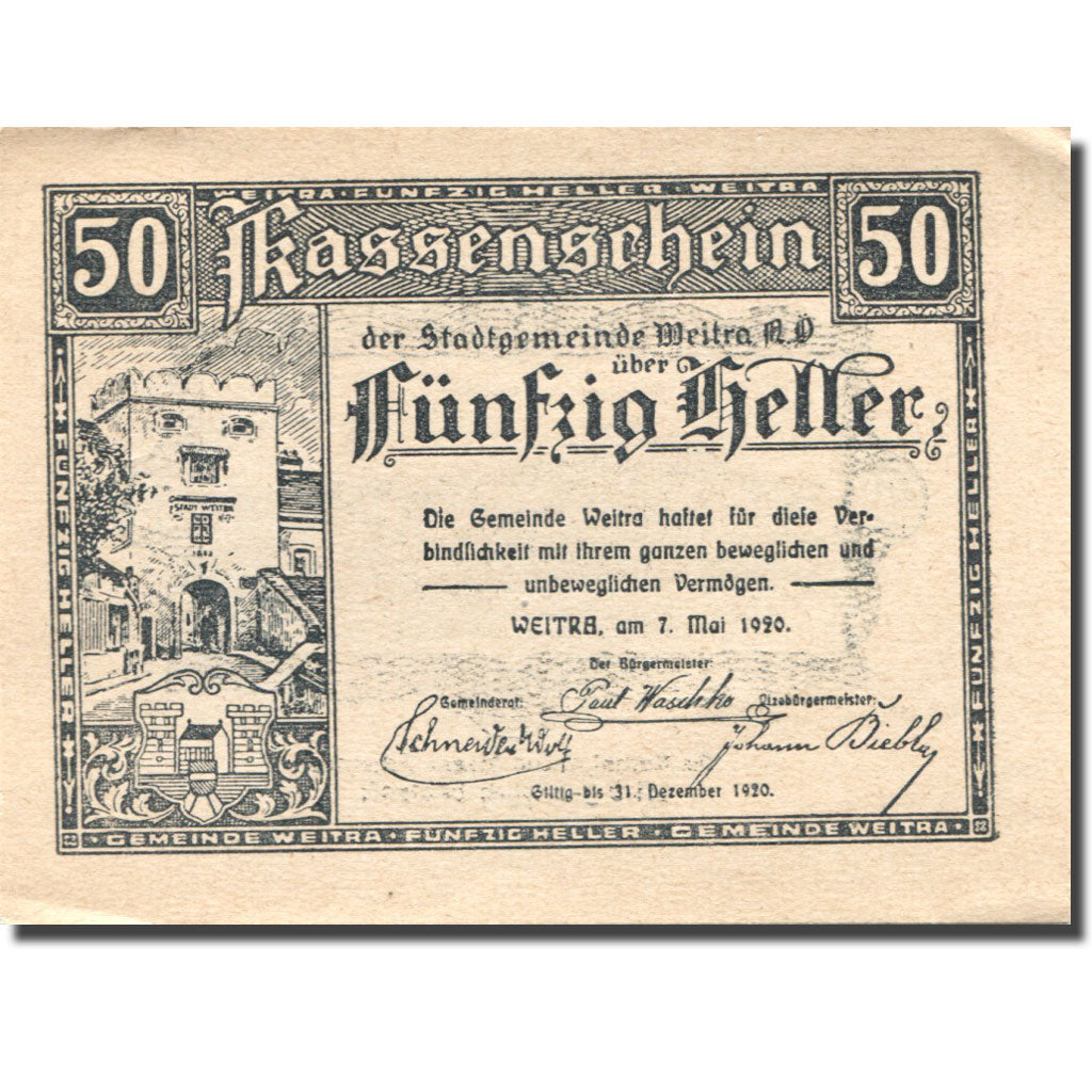 Geldschein, Österreich, Weitra, 50 Heller, château, 1920 UNZ- Mehl:FS 1166f