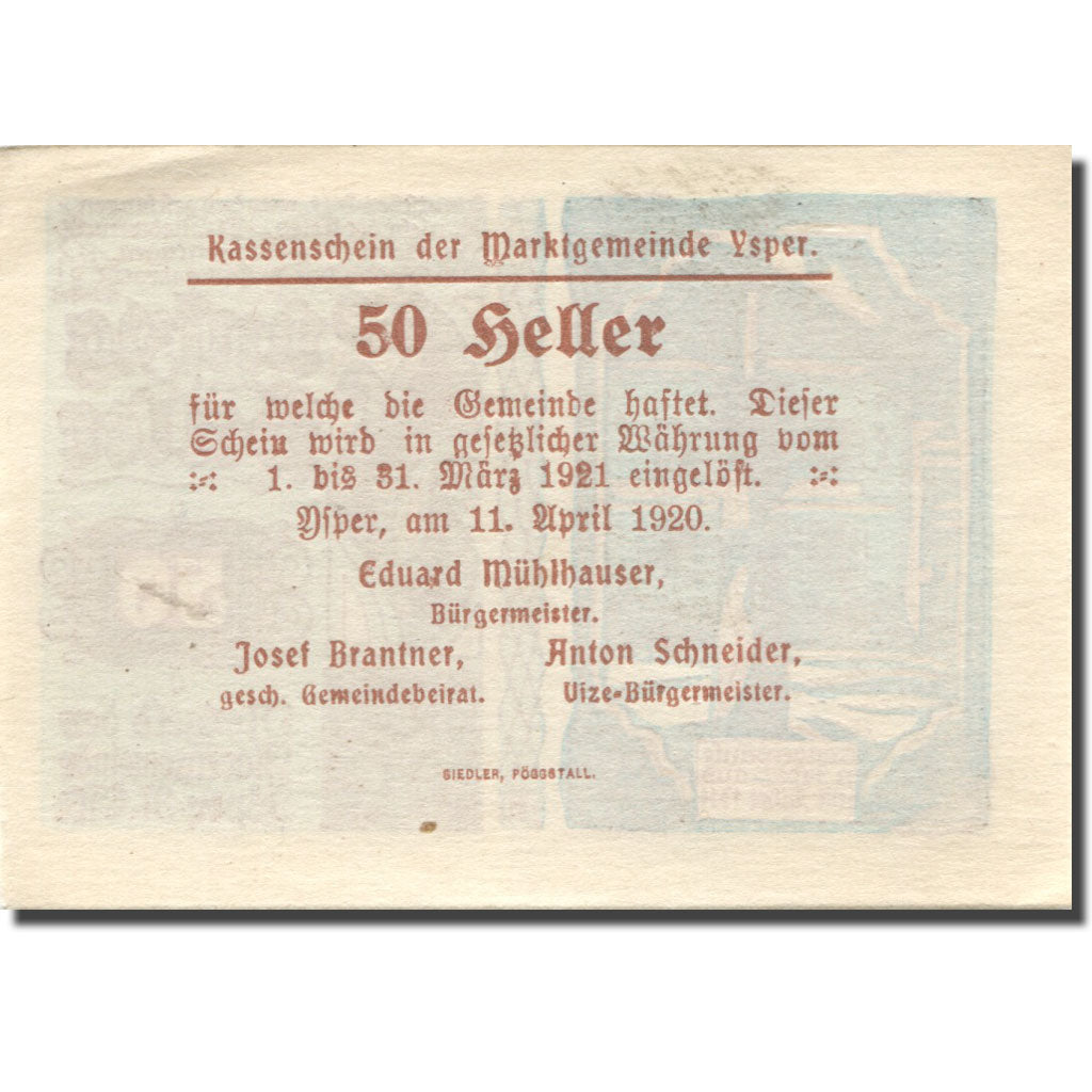 Banconote, Austria, Ysper, 50 Heller, Monument 1921-03-31, SPL  Mehl:FS 1261b