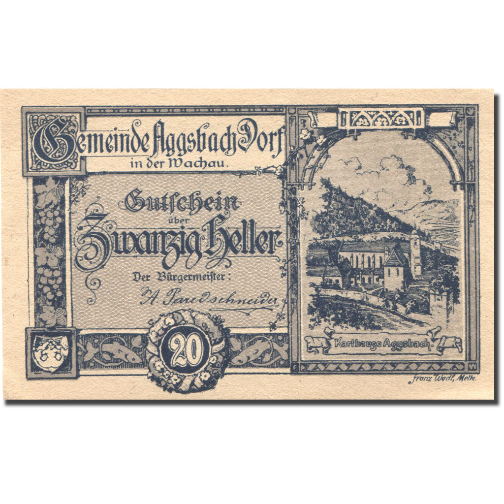 Banconote, Austria, Aggsbach Dorf, 20 Heller, Eglise, 1920 SPL Mehl:FS 8