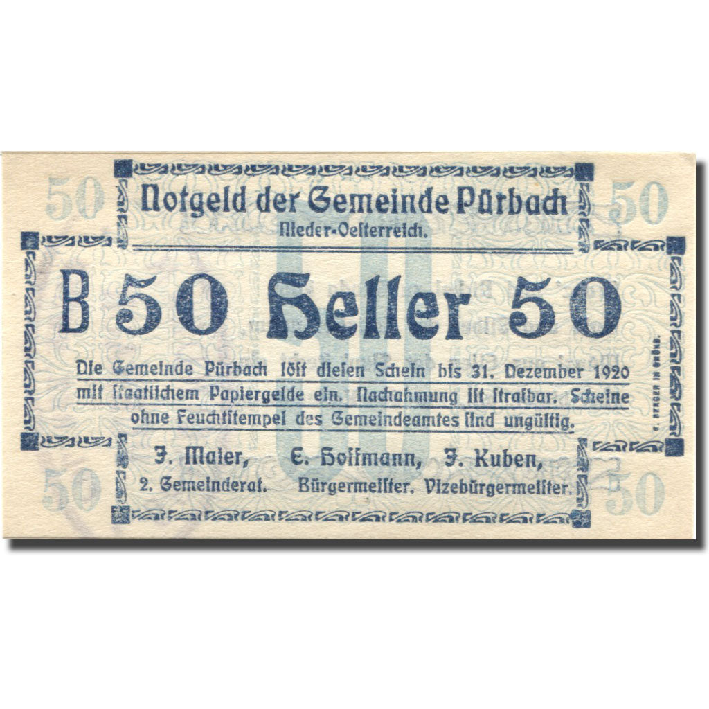 Banconote, Austria, Pürbach, 50 Heller, valeur faciale, 1920 SPL Mehl:FS 793IIb