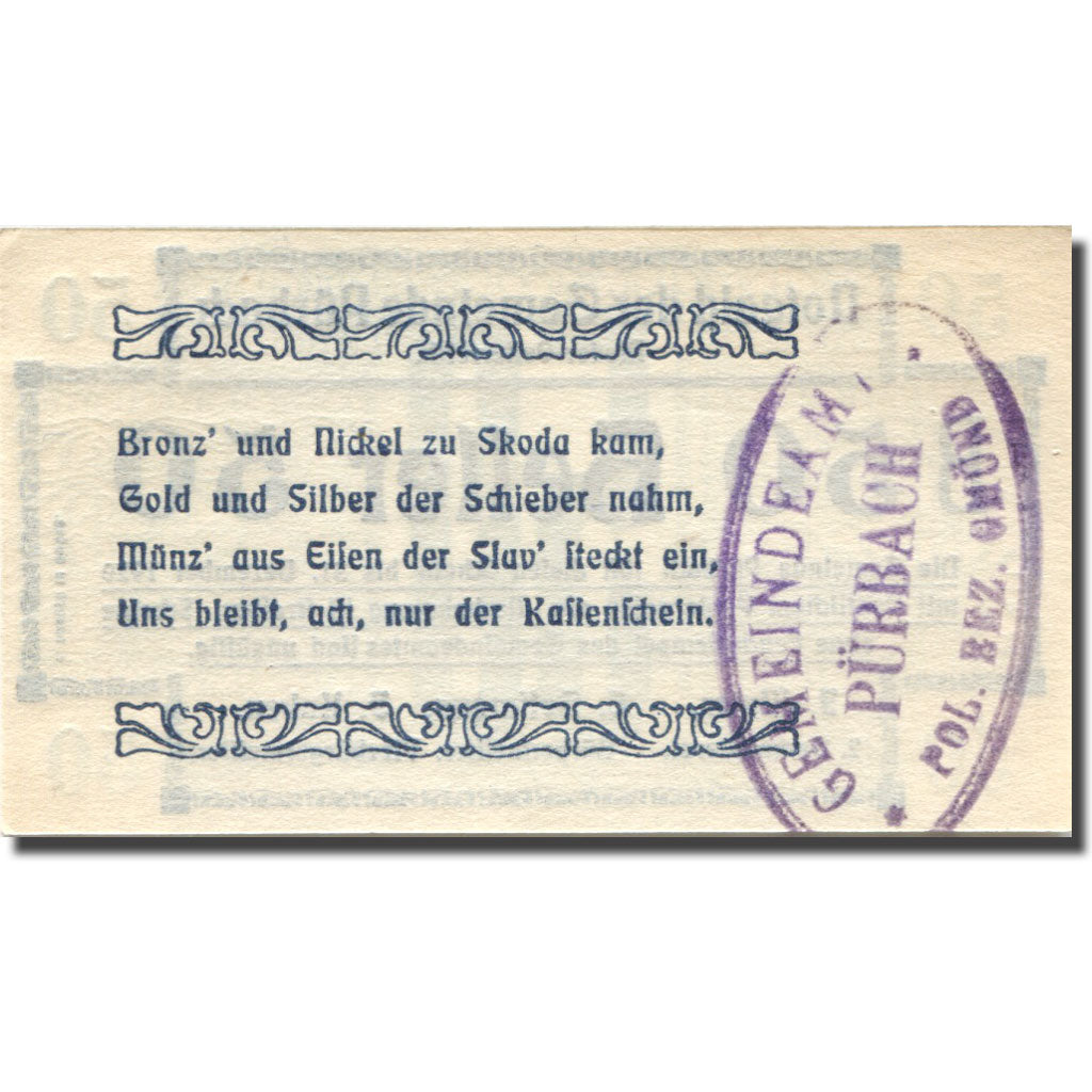 Banconote, Austria, Pürbach, 50 Heller, valeur faciale, 1920 SPL Mehl:FS 793IIb