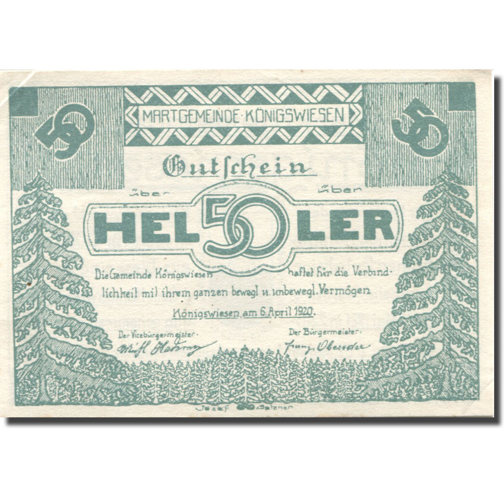 Geldschein, Österreich, Konigswiesen, 50 Heller, Forêt, 1921 VZ+ Mehl:FS 464