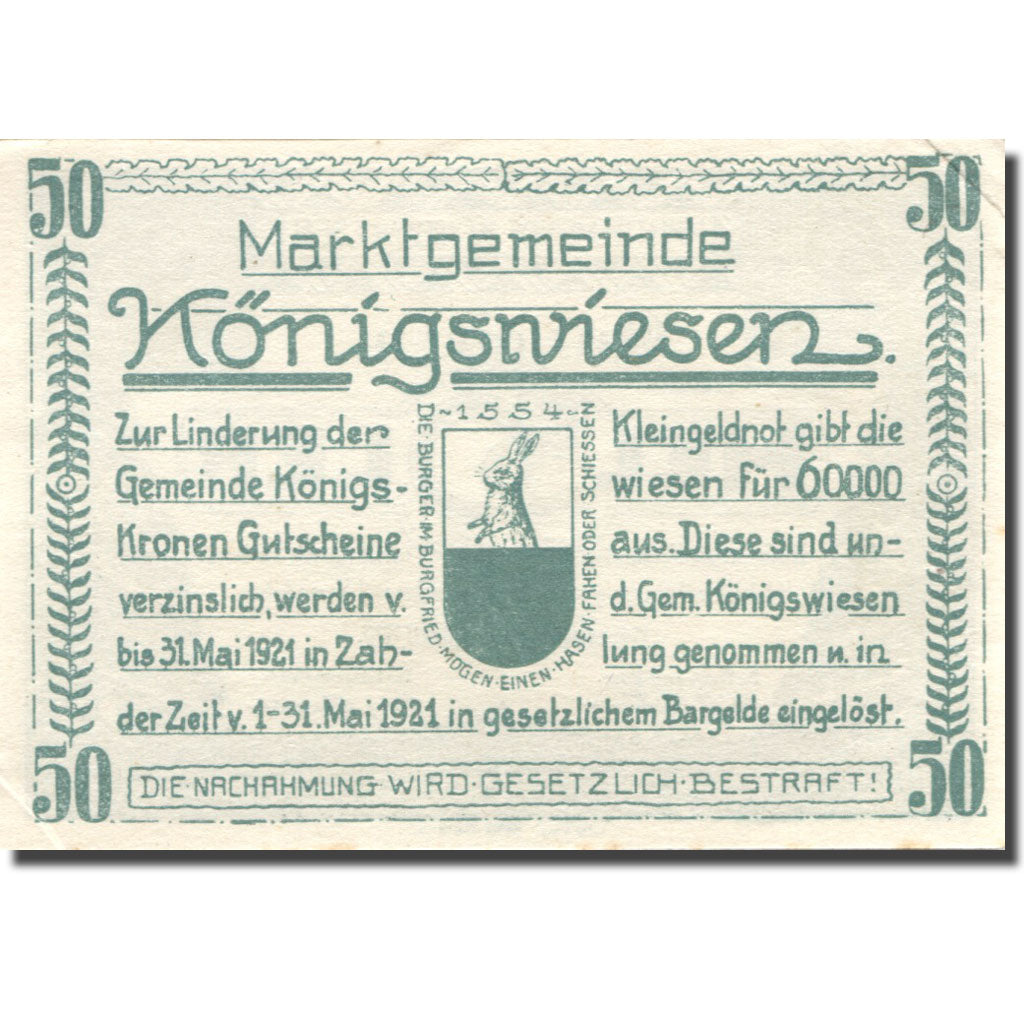 Geldschein, Österreich, Konigswiesen, 50 Heller, Forêt, 1921 VZ+ Mehl:FS 464