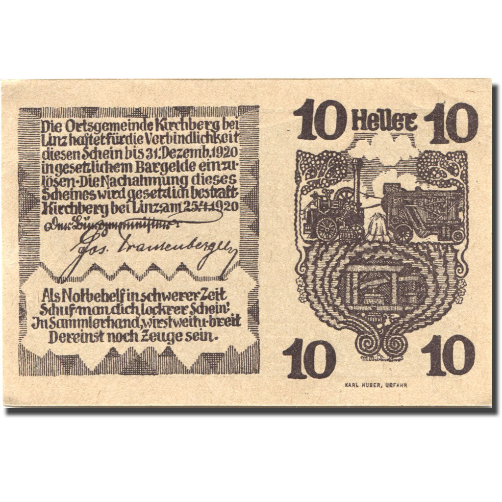 Geldschein, Österreich, Kirchberg, 10 Heller, cheval, 1920 UNZ- Mehl:FS 443a