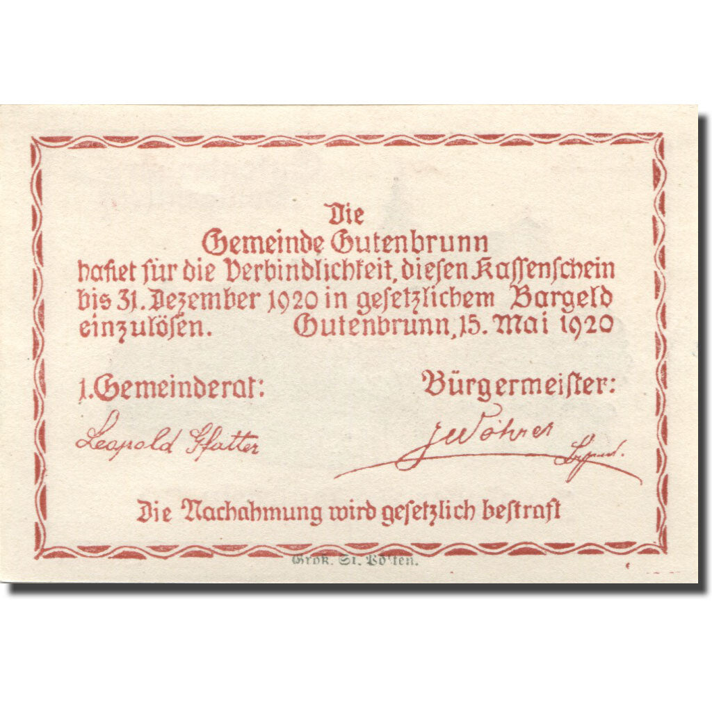 Banconote, Austria, Gutenbrunn, 20 Heller, château, 1920 SPL Mehl:FS 316