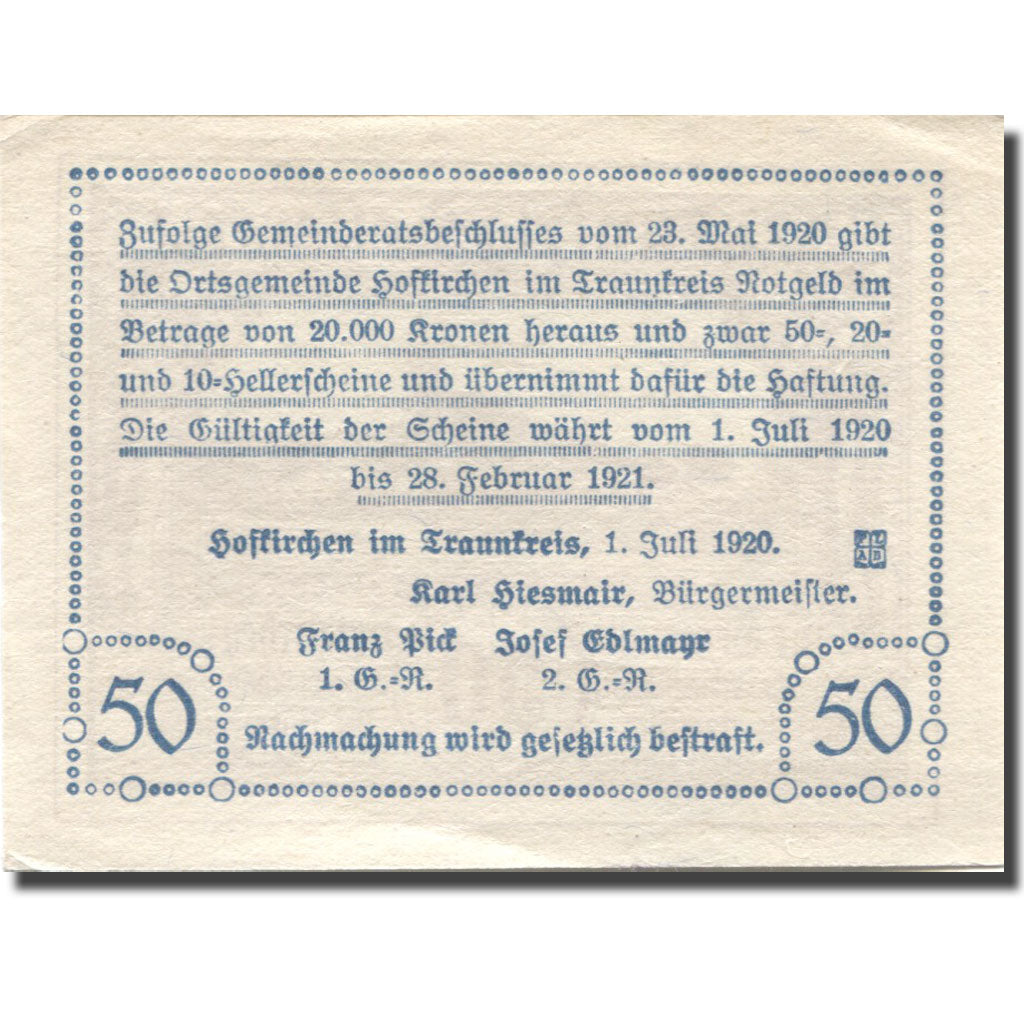Banconote, Austria, Hafkirchen, 50 Heller, village, 1921, SPL Mehl:FS 387I