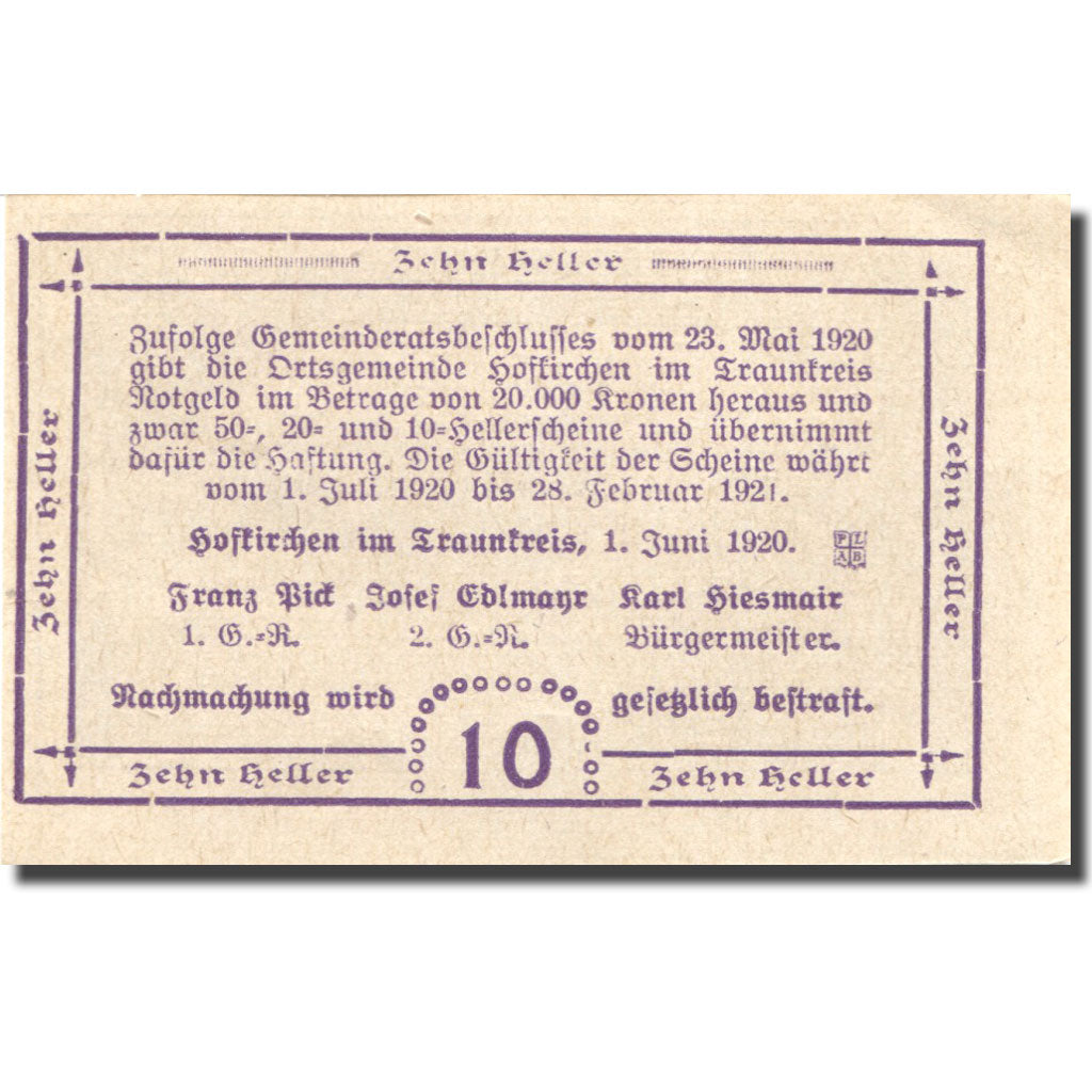 Banconote, Austria, Hafkirchen, 10 Heller, château, 1921 SPL Mehl:FS 387I