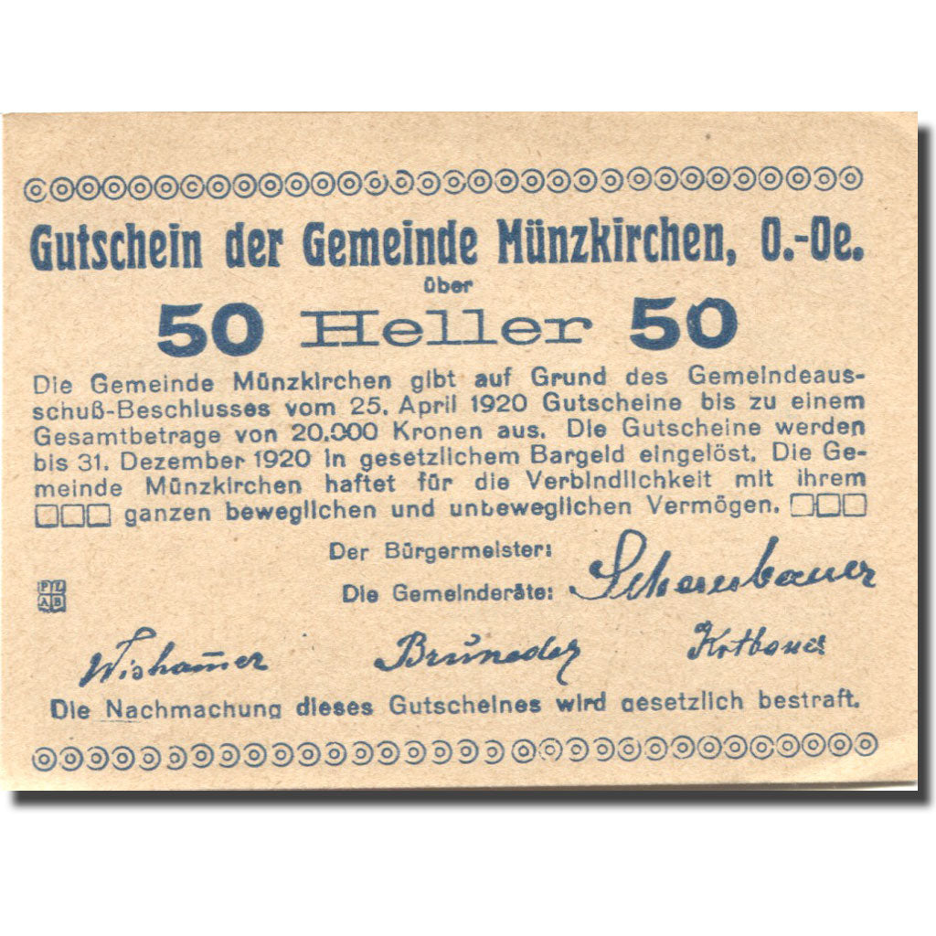Banconote, Austria, Münzkirchen, 50 Heller, village, 1920 SPL Mehl:FS 637