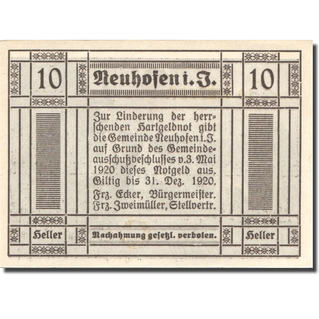 Geldschein, Österreich, Neuhofen, 10 Heller, Eglise, 1920 UNZ- Mehl:FS 652IIa