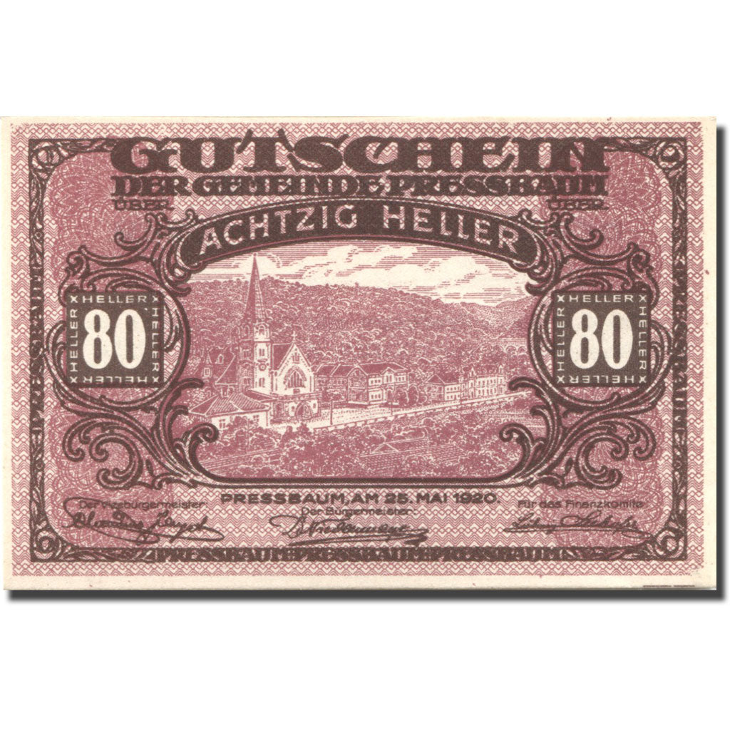 Banconote, Austria, Pressbaum, 80 Heller, Eglise 1921-07-31, SPL Mehl:FS 784a