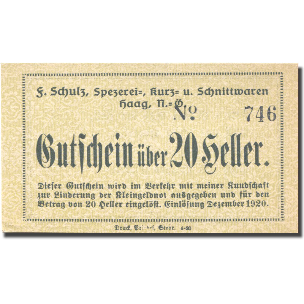 Geldschein, Österreich, Schulz, 20 Heller, valeur faciale, UNZ-, Mehl:FS 320b