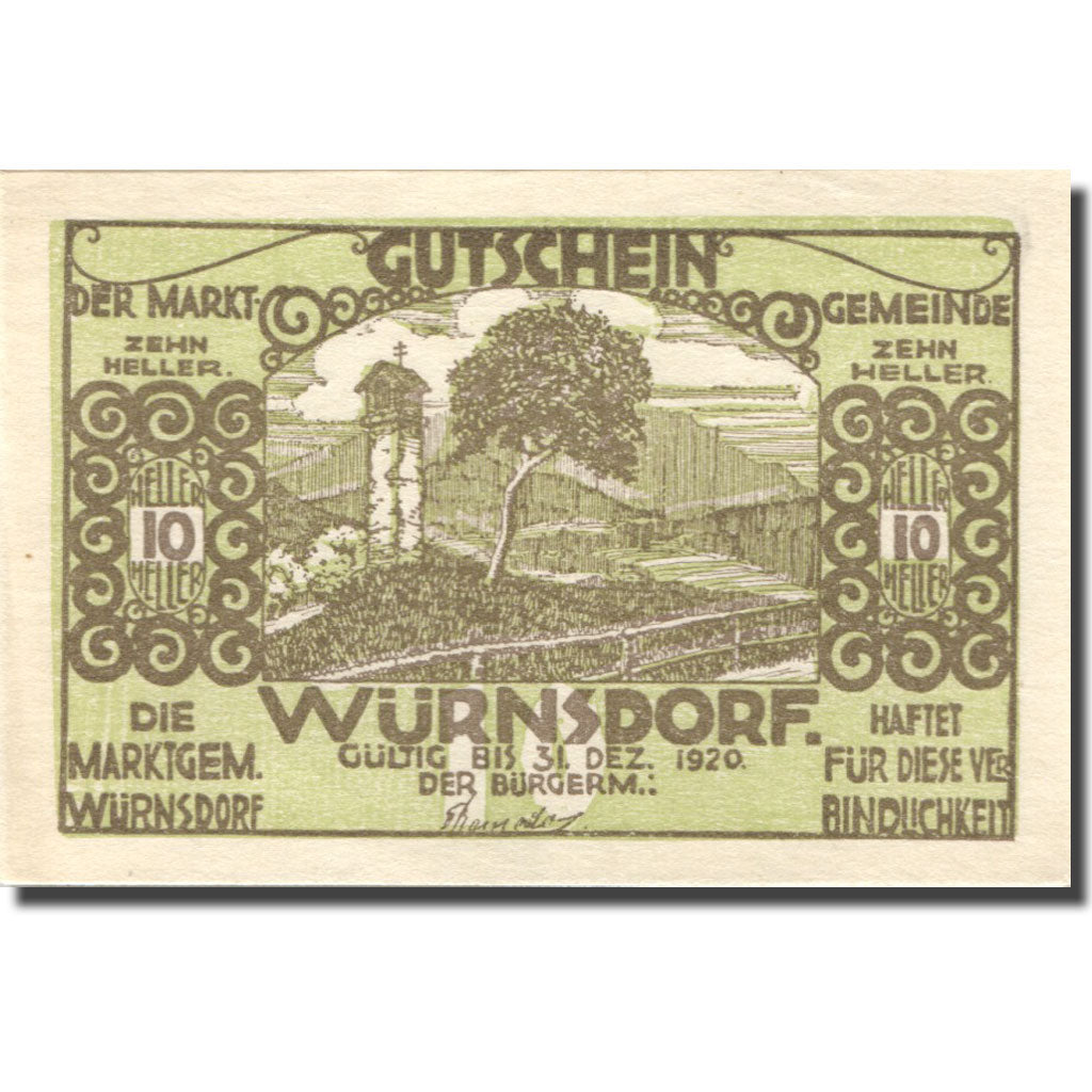 Nota, Áustria, Würnsdorf, 10 Heller, jardin, 1920  UNC(63) Mehl:FS1257IIa