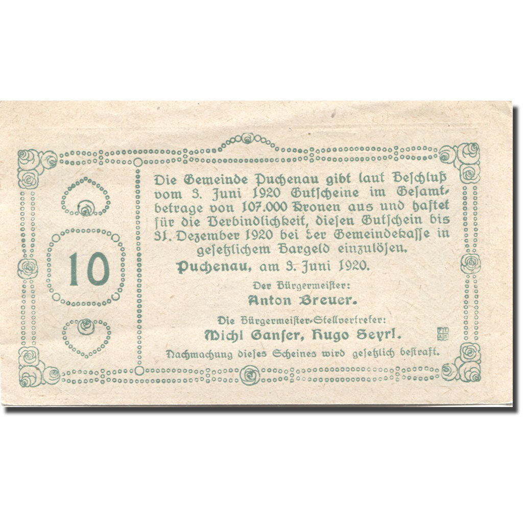 Banconote, Austria, Puchenau, 10 Heller, Maison 1920-12-31, SPL- Mehl:FS 788IIb