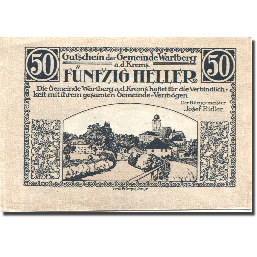 Banconote, Austria, Wartberg, 50 Heller, village, 1921 SPL, Mehl:FS 1141a