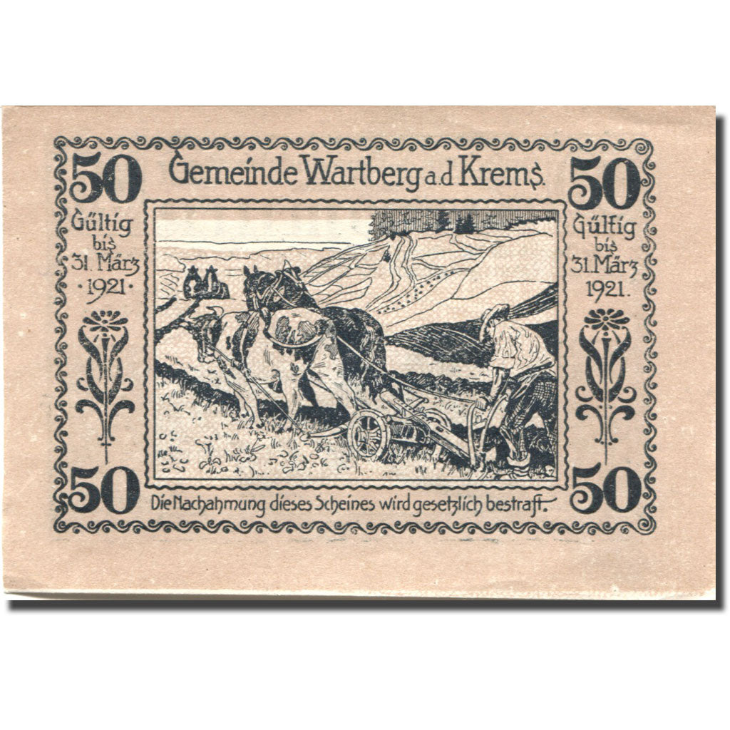 Banconote, Austria, Wartberg, 50 Heller, village, 1921 SPL, Mehl:FS 1141a